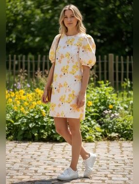 a new day Cotton White Dress with Yellow Floral Puff Sleeves